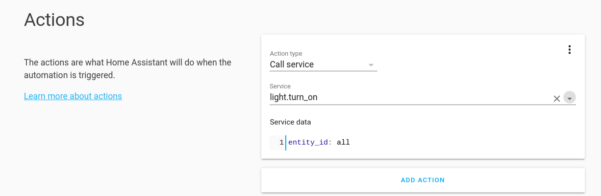 A new automation with the action set up to turn on the lights.