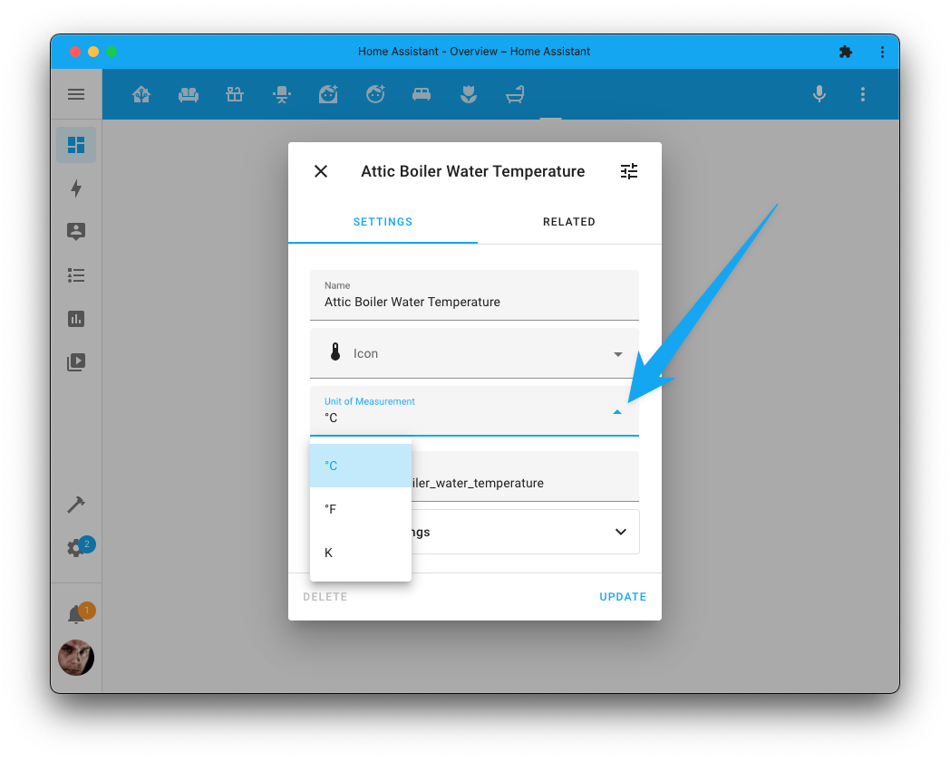 Screenshot showing adjusting the unit for measurement for a temperature entity