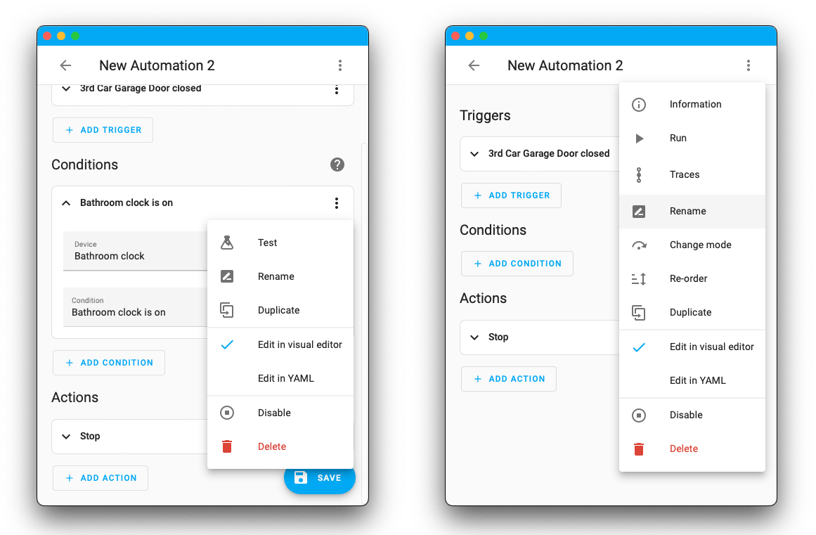 Screenshot showing the new automation editor overflow menus