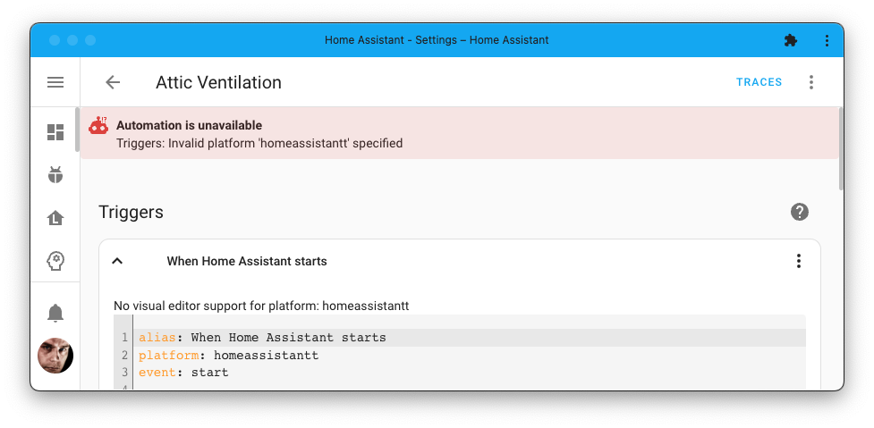 Screenshot showing the automation editor displaying a broken automation, including the error message on what is wrong.