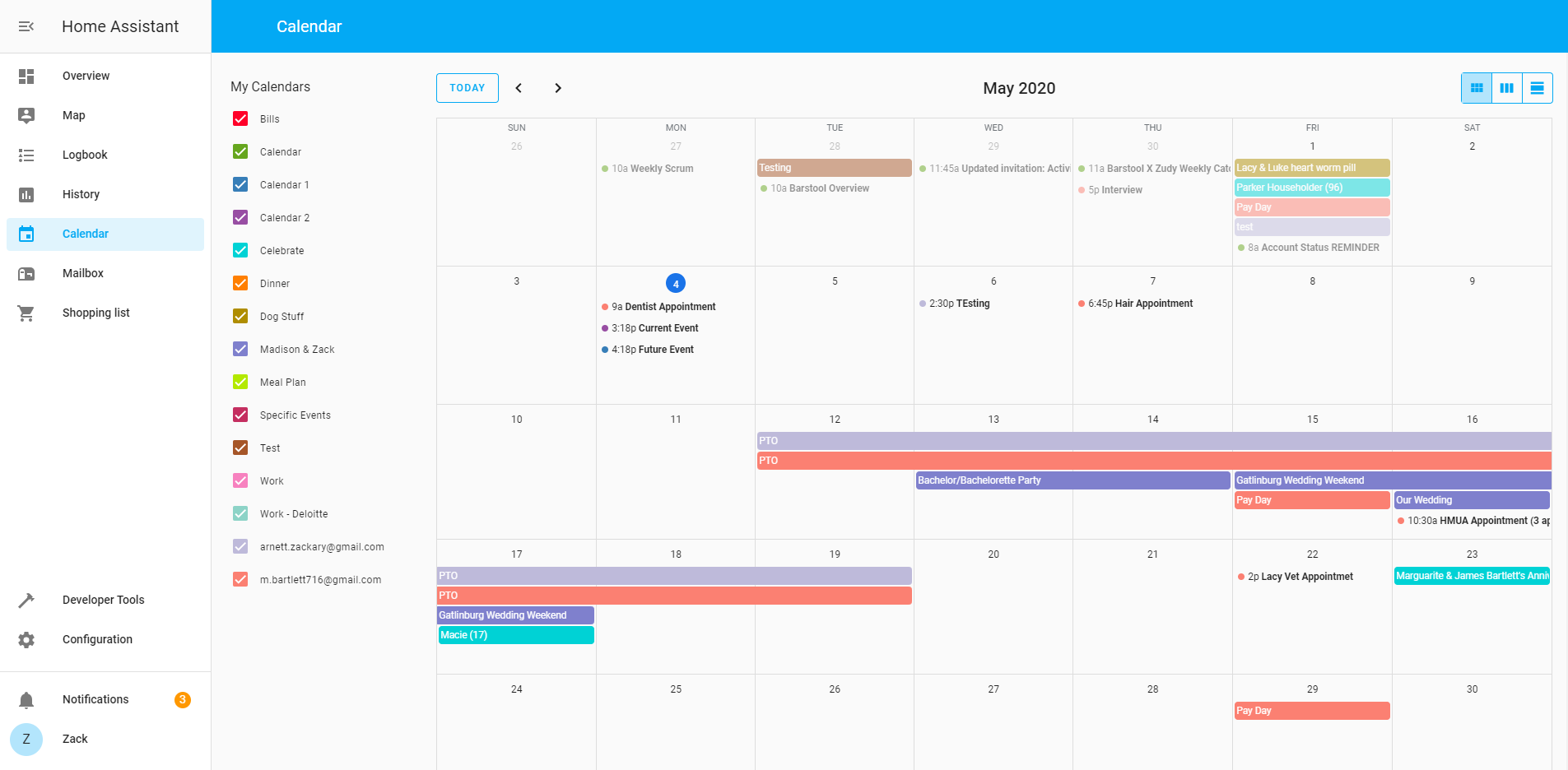 Screenshot of the Calendar panel