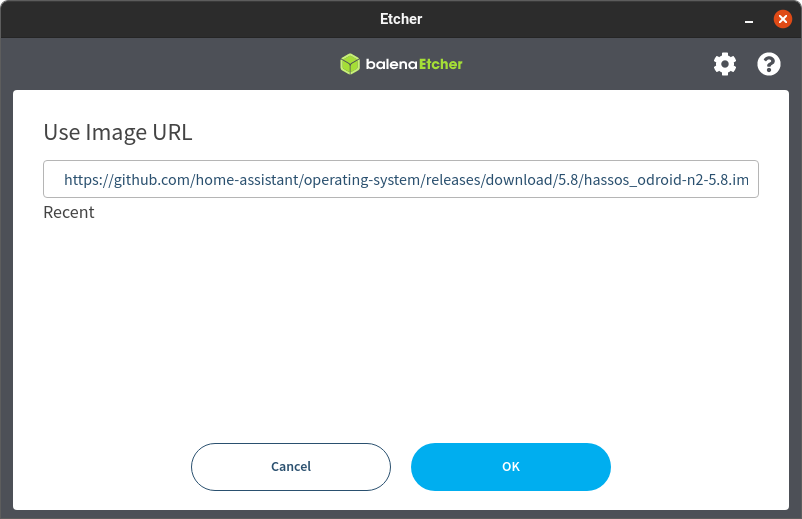 Screenshot of the Etcher software showing the URL bar with a URL pasted in.