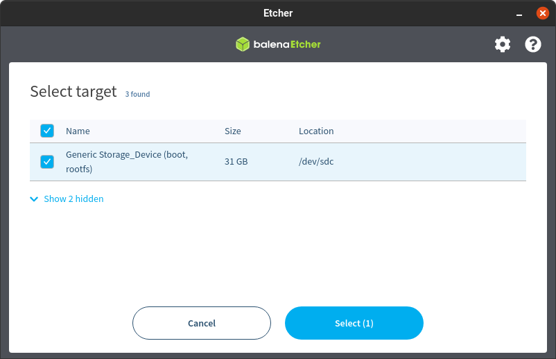 Screenshot of the Etcher software showing teh targets available.