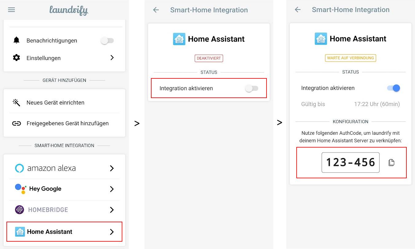 Screenshot: generate an Auth Code in the laundrify App