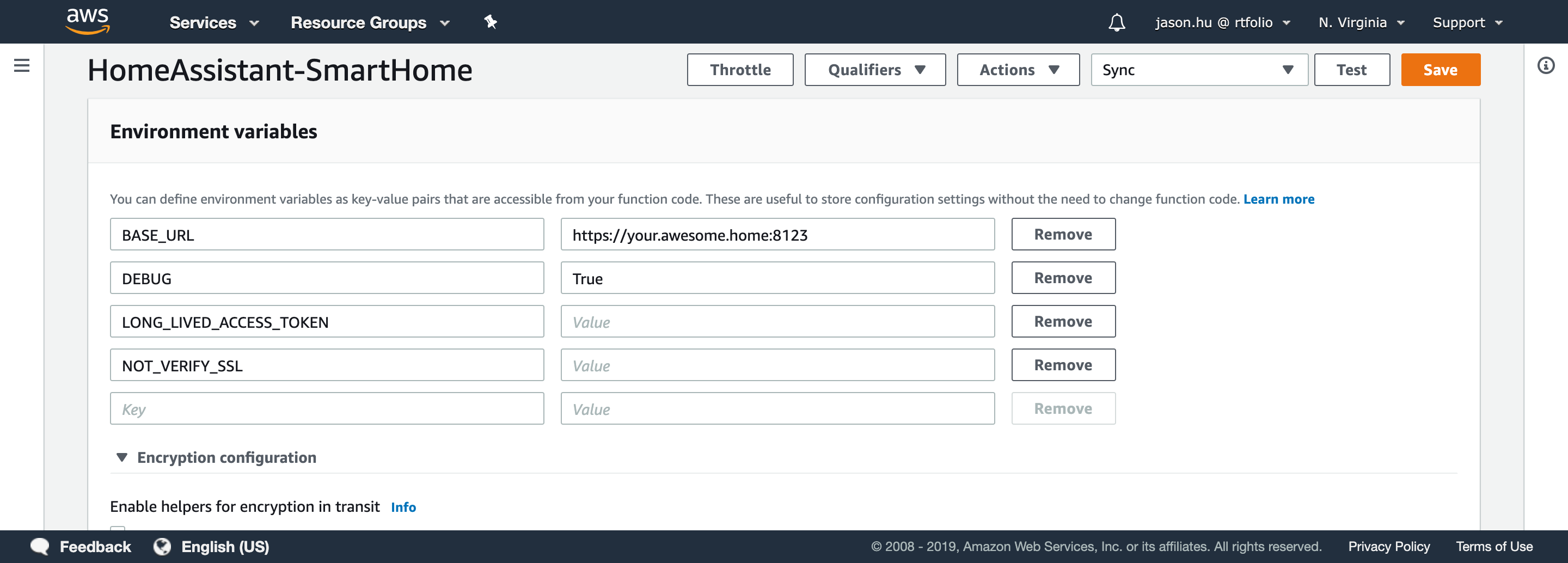 Screenshot: Environment variables in Lambda function