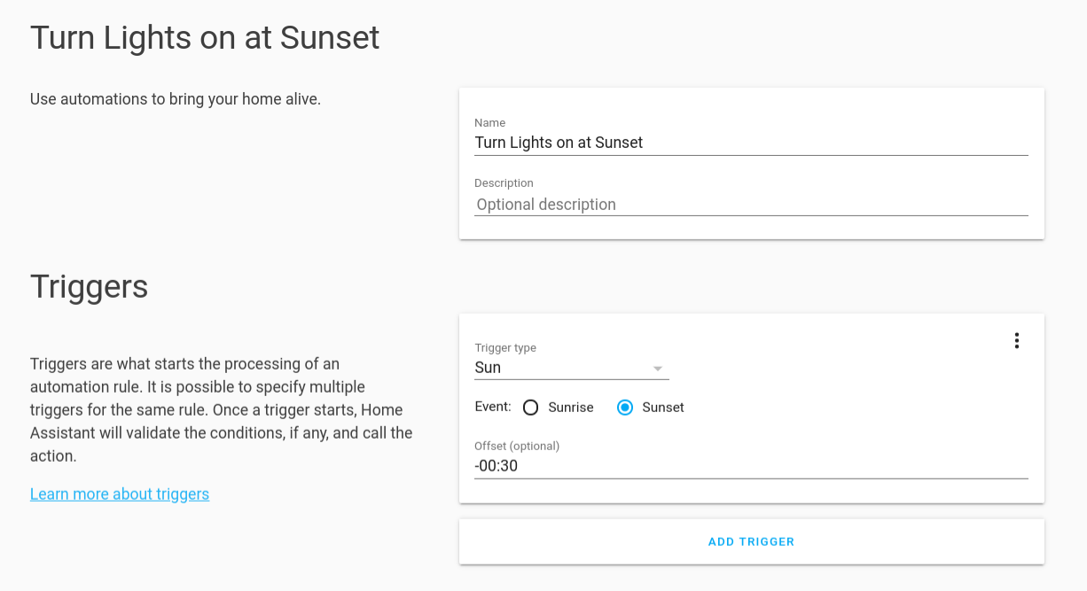 A new automation with a sun trigger filled in.