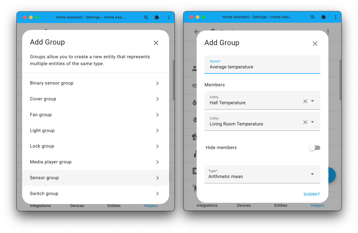 Screenshot showing the process of adding a new sensor group