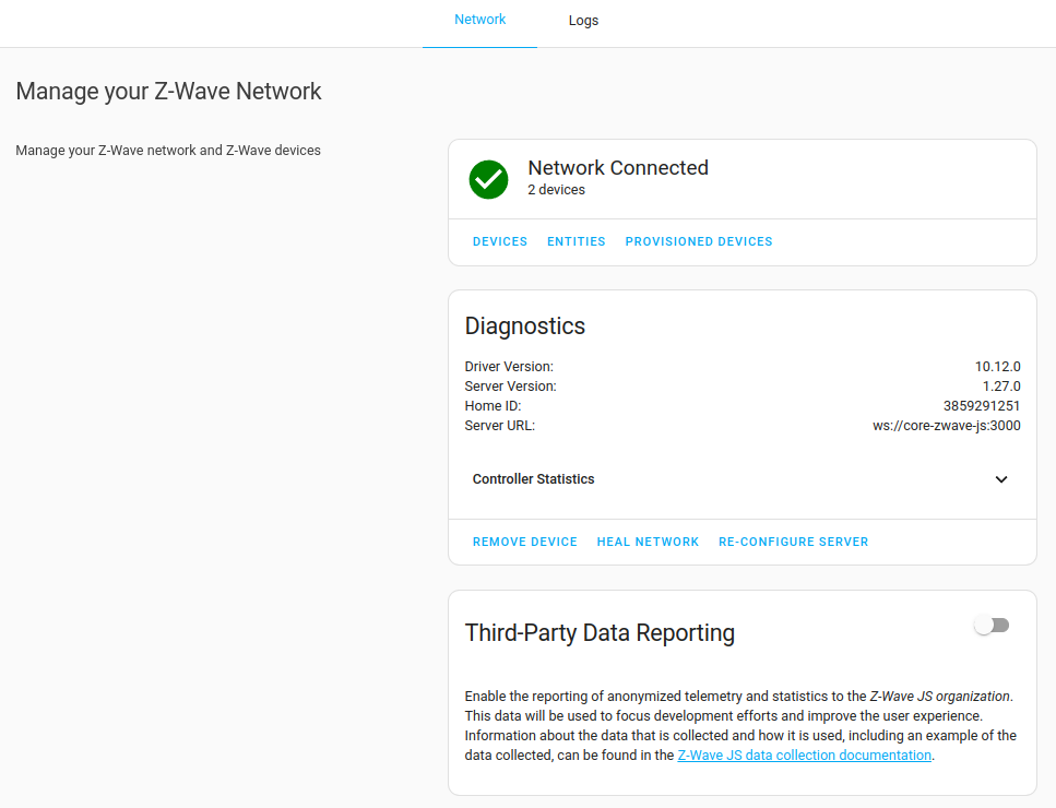 Z-Wave integration configuration panel