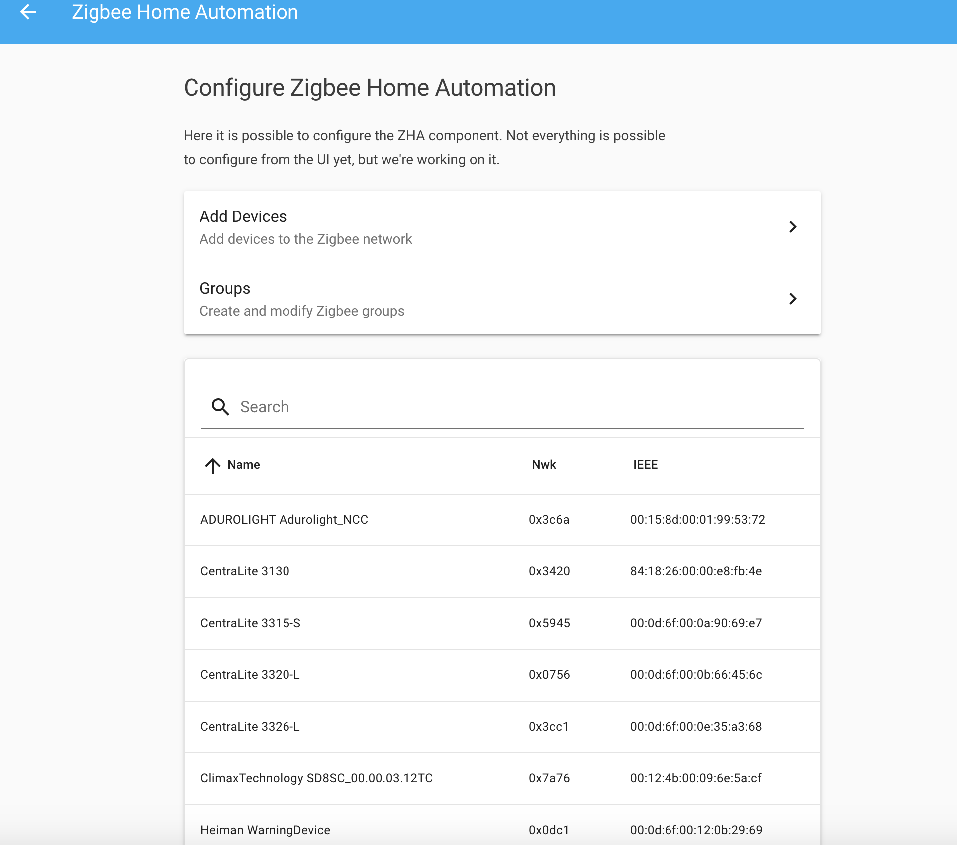 Screenshot of the ZHA configuration panel