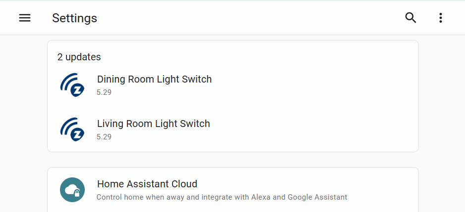 Screenshot showing zwave device updates in the settings page